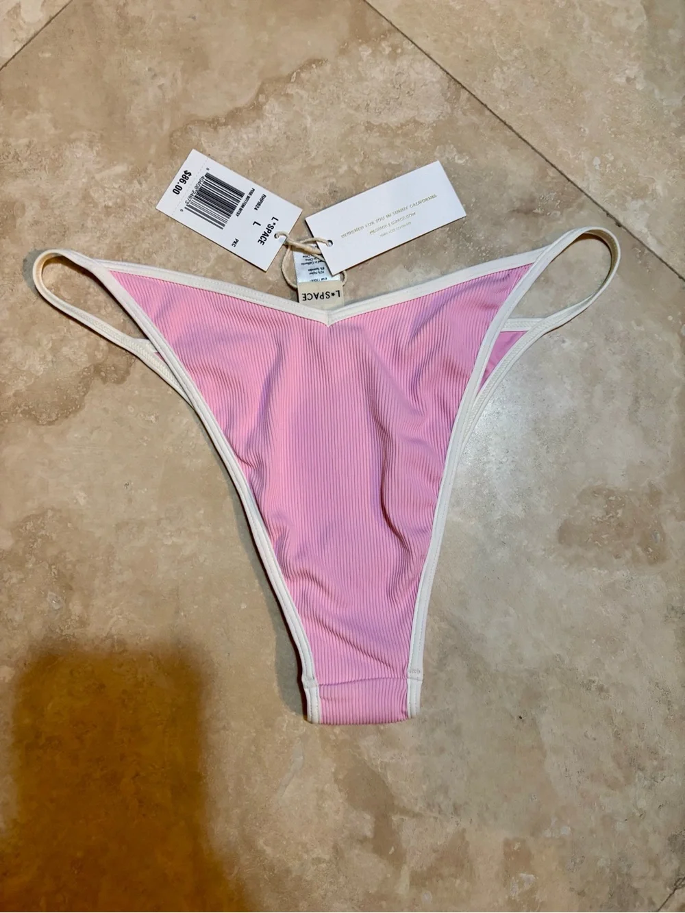 L*Space Pixie Pink Ribbed Contrast-Trim Bikini Bottom NWT L